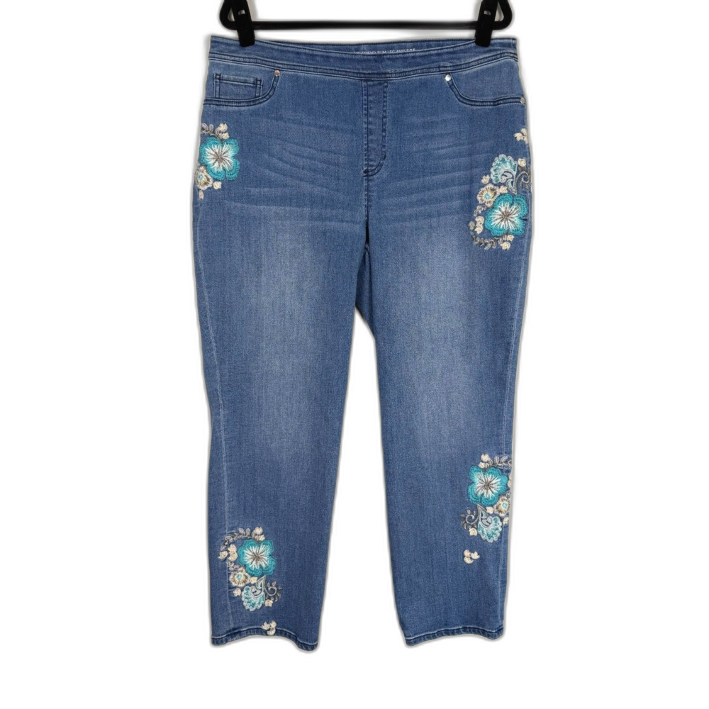 Chico’s Girlfriend Slim Ankle Jeans Womens Embroidered Floral Stretch Denim Blue